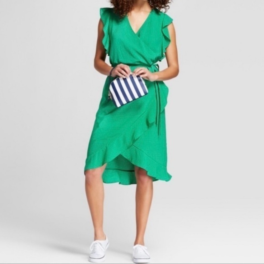 A New Day Dress Green Wrap Ruffle Sleeve Belted L Brunch Garden Bright Occasion